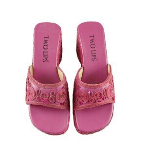 Two Lips Embellished Wedge Sandals Women's 8M Fuchsia Pink Sequins Espadrille